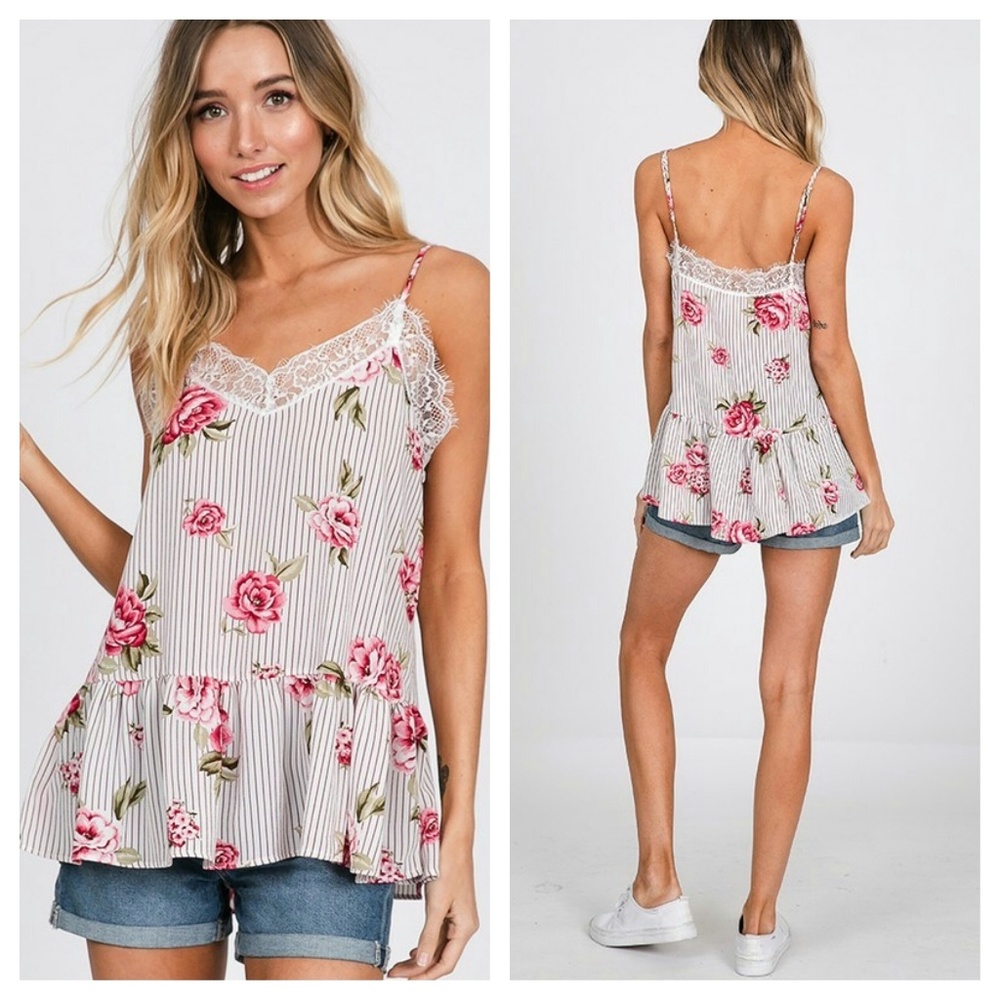 Floral Striped Lace Drop Waist Tank - Picture 3 of 4